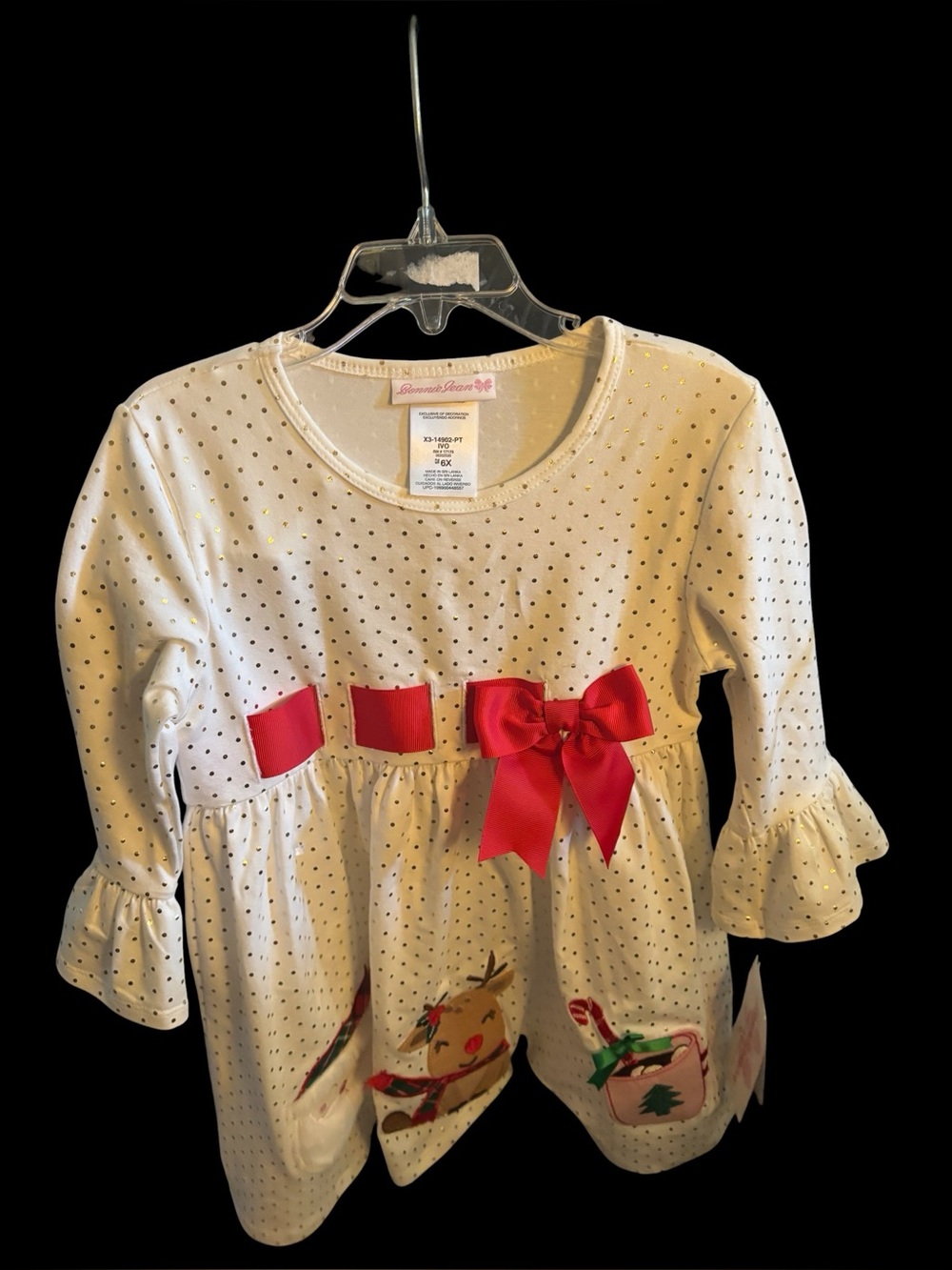 Bonnie Jean Cream Long-Sleeve Dress with Gold Dots and Red Bow